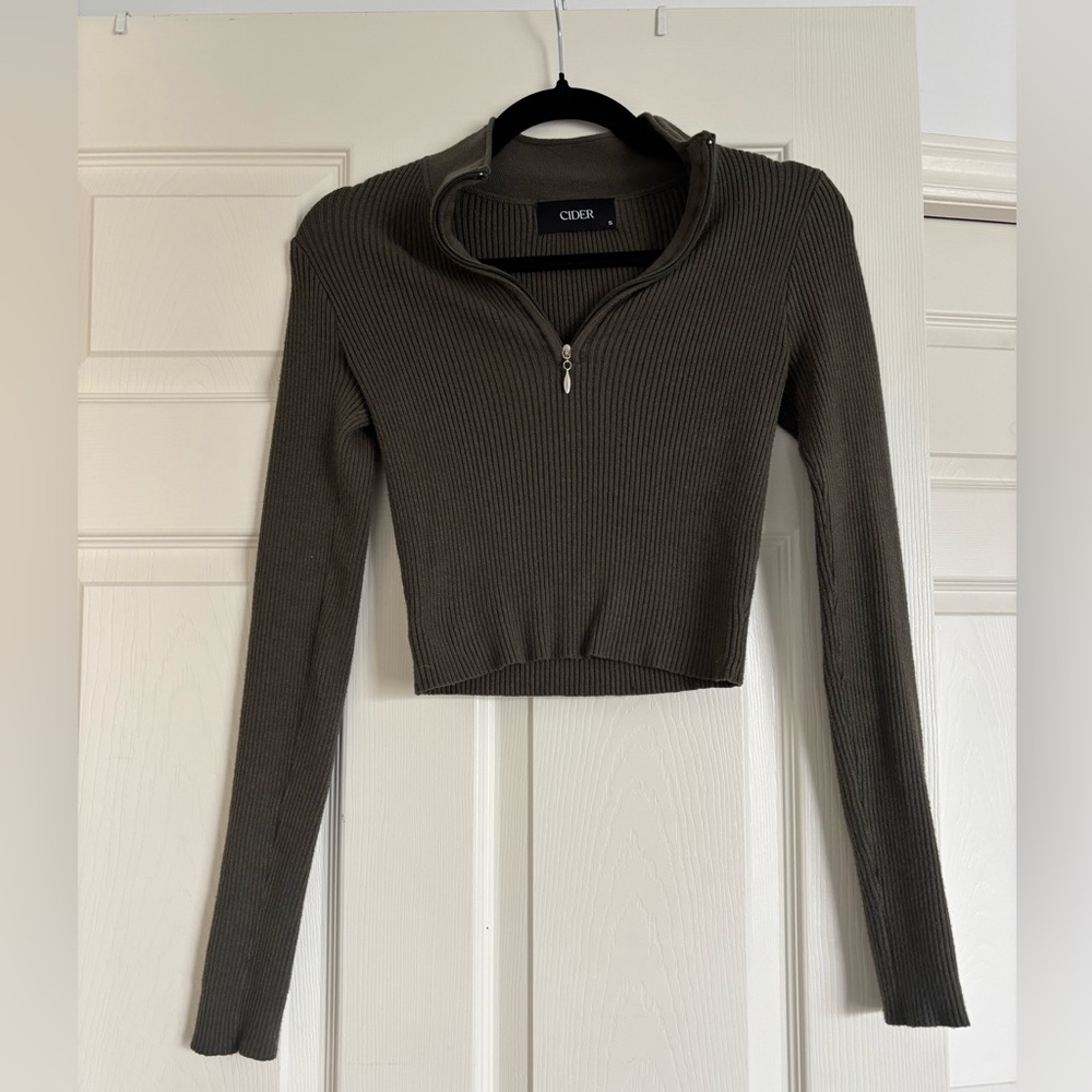 Cider quarter zip olive green cropped sweater